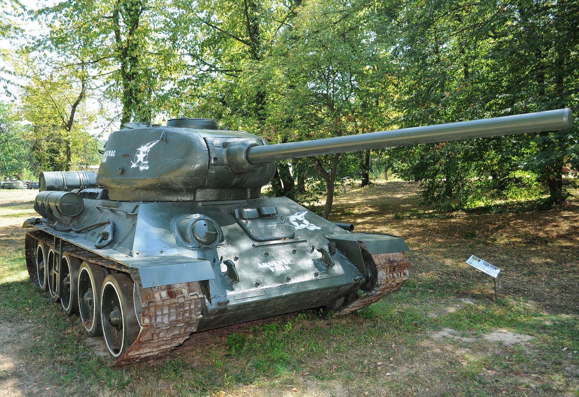 Der Panzer T-34-85 von vorn und von der Seite, mit nach rechts gerichtetem Rohr, auf Gras im Wald