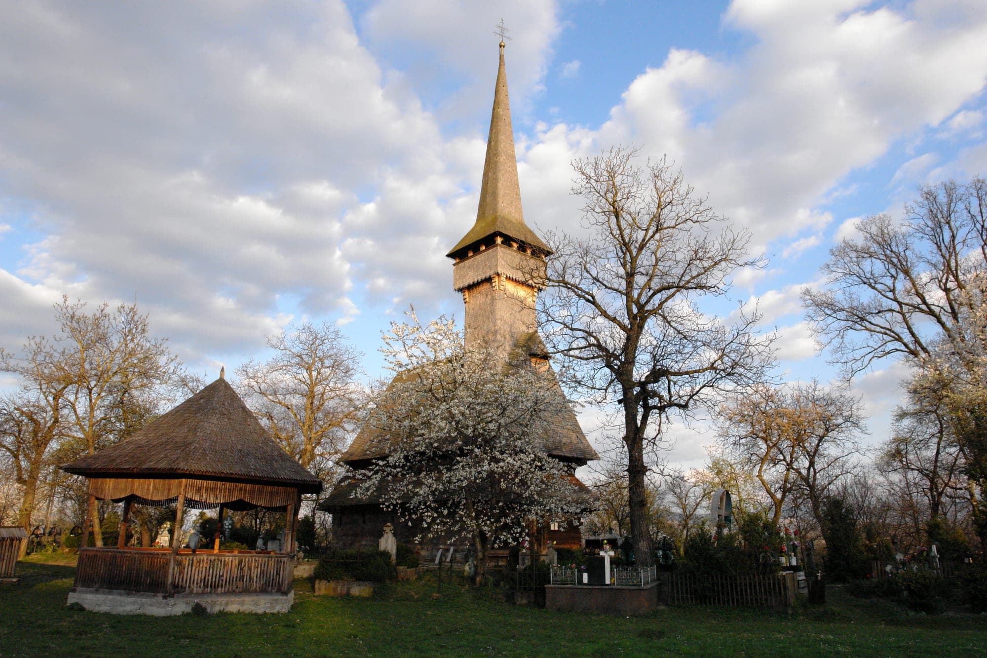 Biserica de lemn cu turnul ei înalt și ascuțit, în cimitirul cu pomi înfloriți, sub un cer de primăvară