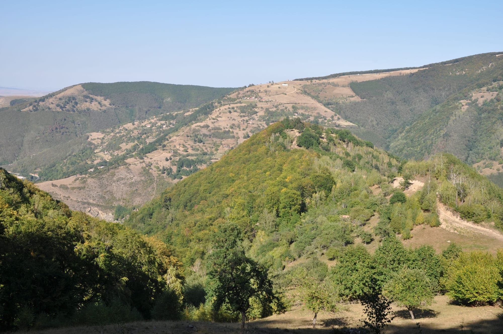 Bewaldete Hügel und Weiden mit verstreuten Häusern im Sebeș-Tal im Herbstlicht