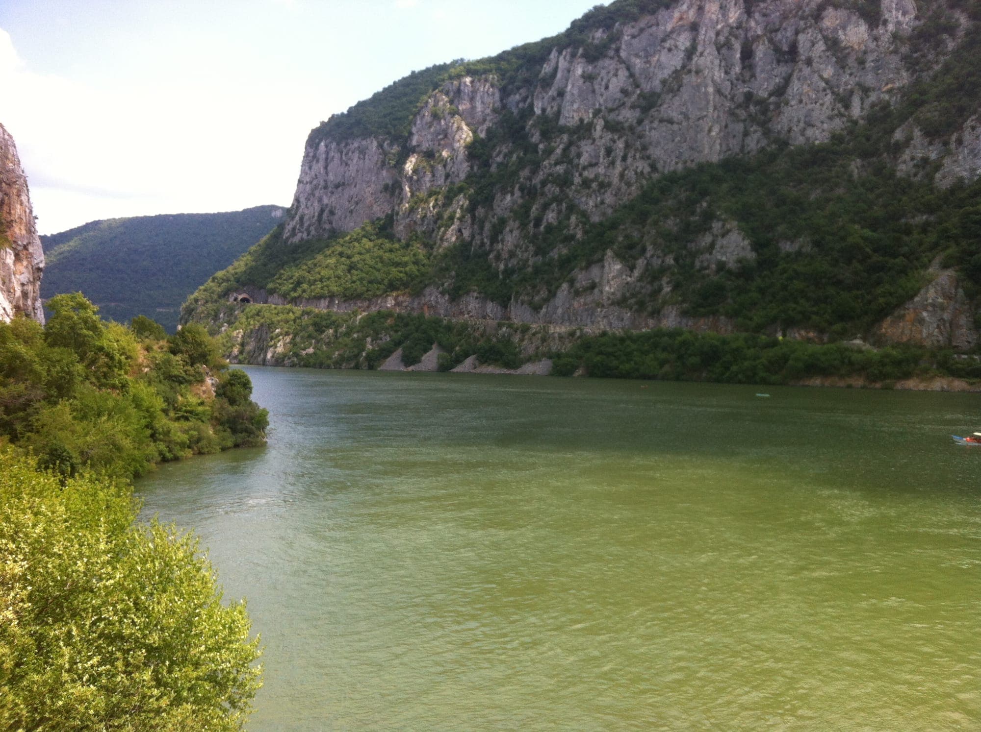 Dunărea verde în Cazanele Mari, văzută de pe malul românesc de lângă Dubova, cu pereții de calcar ai malului opus