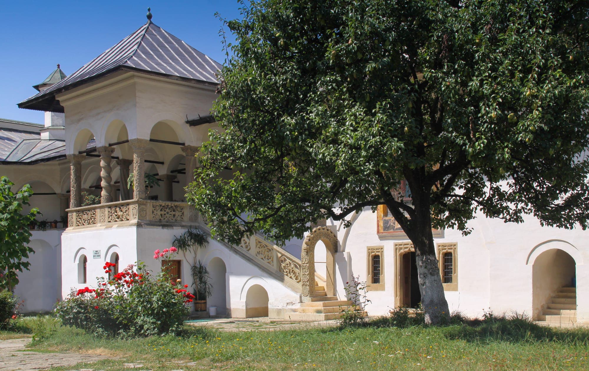 Foișorul lui Dionisie Bălăcescu, cu acoperiș în pavilion, coloane răsucite și scară exterioară cu balustradă de piatră sculptată, lângă un copac mare din curte