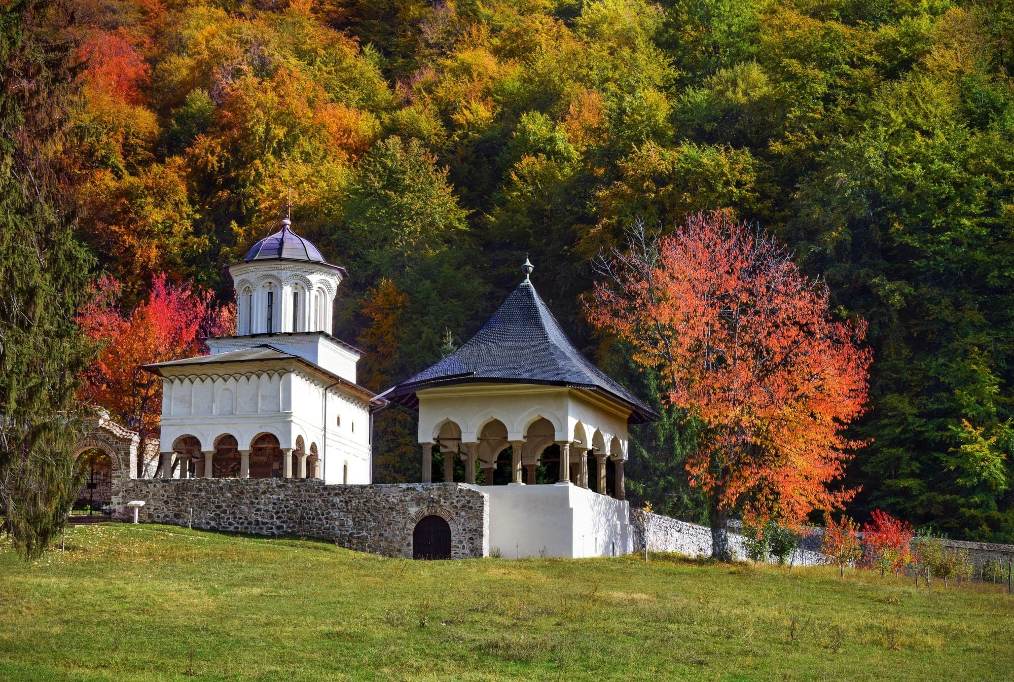 Ansamblul Bolniței: biserica mică cu turlă și foișorul de pe zidul de piatră, pe o pajiște, în fața pădurii cu frunze roșii și galbene