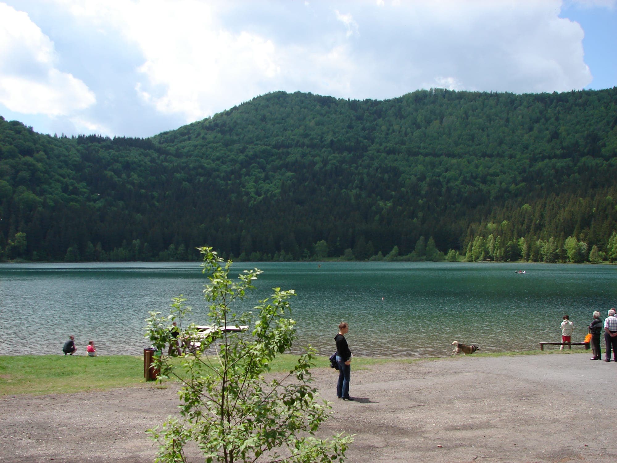 Lacul văzut de pe malul estic, cu apa verde-albastră și versantul împădurit al craterului sub un cer cu nori
